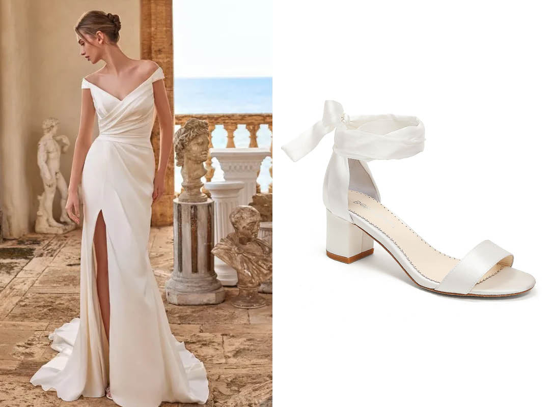 pronovias strapless wedding dress with bella belle ardelia block heels