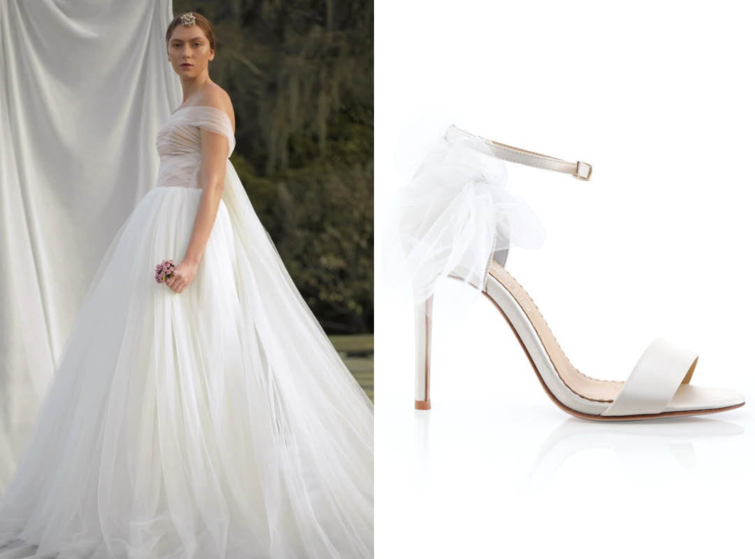 soucy dahlia strapless wedding dress with bella belle elise wedding heels