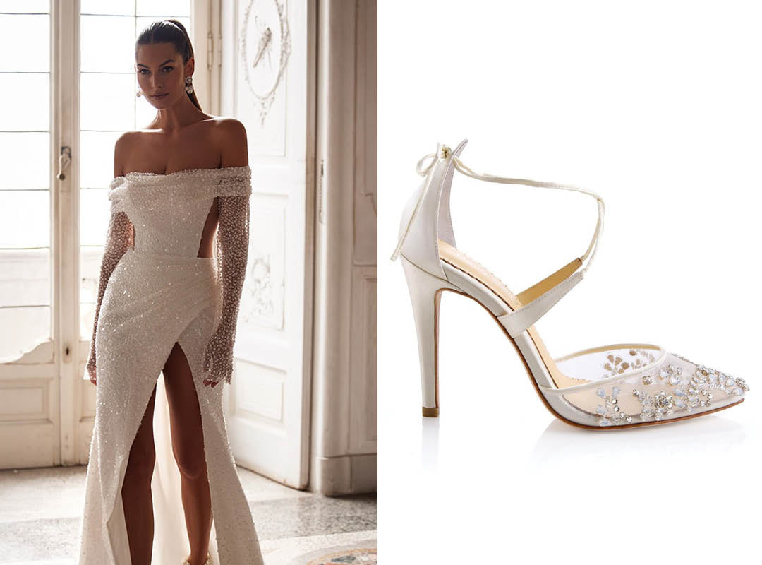 milla nova strapless wedding dress with bella belle florence crystal heels