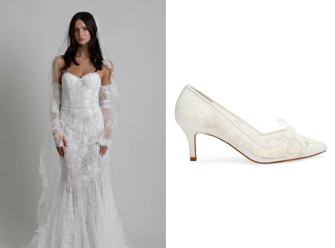 rime arodaky strapless wedding dress with bella belle monica lace wedding heels