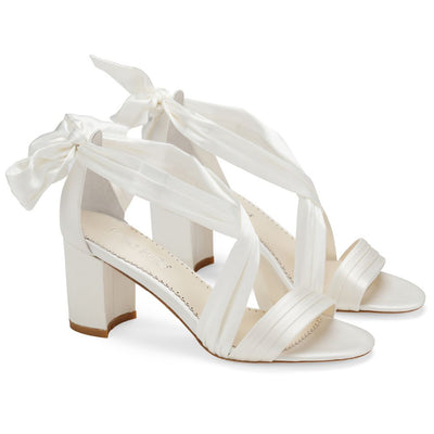 Open Toe Ivory Ribbon Block Heels | Bella Belle