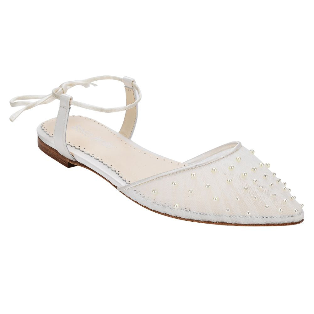 Carina Pleated Tulle Ivory Pearl Flats for Wedding