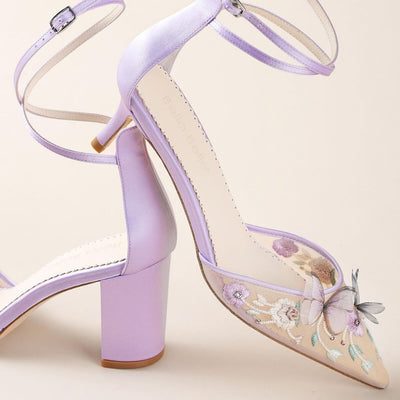 Lavender Butterfly Garden Block Heels for Brides, Eliza