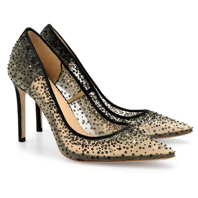 Crystal Embellished Heels: Black Sequin on Nude Mesh, Elsa