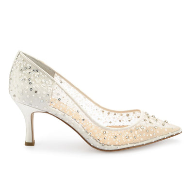 Ivory Kitten Heels with Sequins & Crystals - Evelyn Ivory