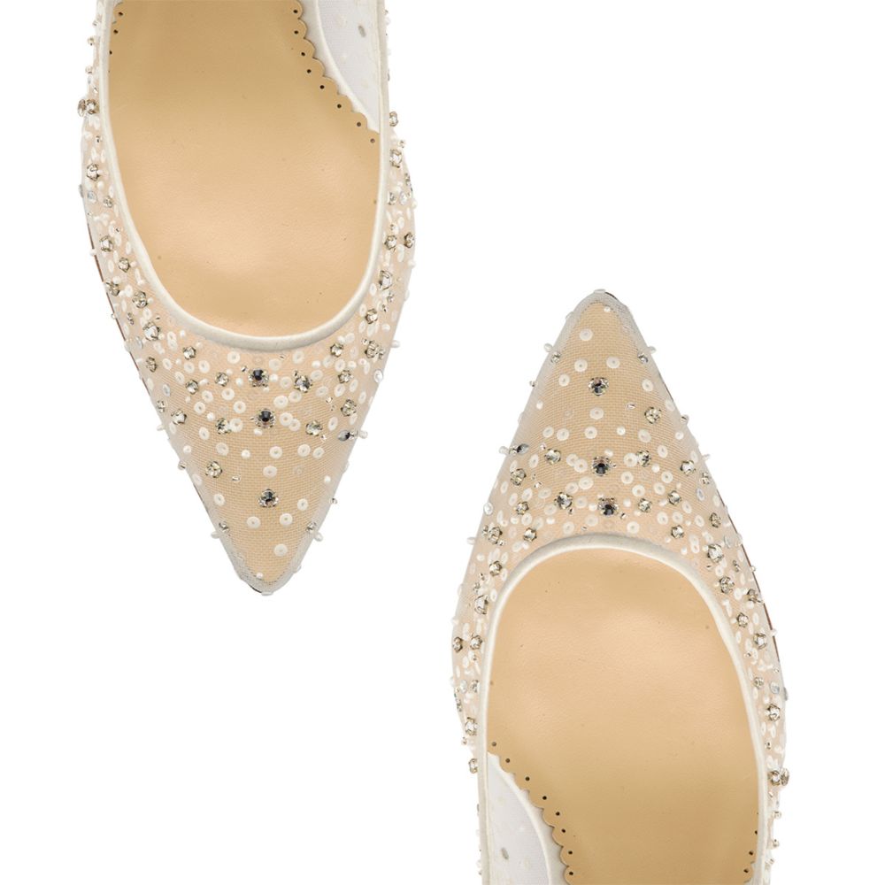 Ivory Kitten Heels with Sequins & Crystals - Evelyn Ivory