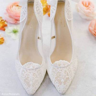 Ivory Lace Boho Wedding Heels with Ribbon Tie | Bella Belle