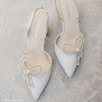 Bridal Ankle Strap Bow Block Heel Slingback Pearl Bow Shoes