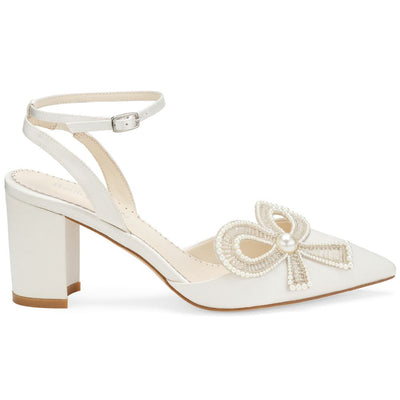 Bridal Ankle Strap Bow Block Heel Slingback Pearl Bow Shoes