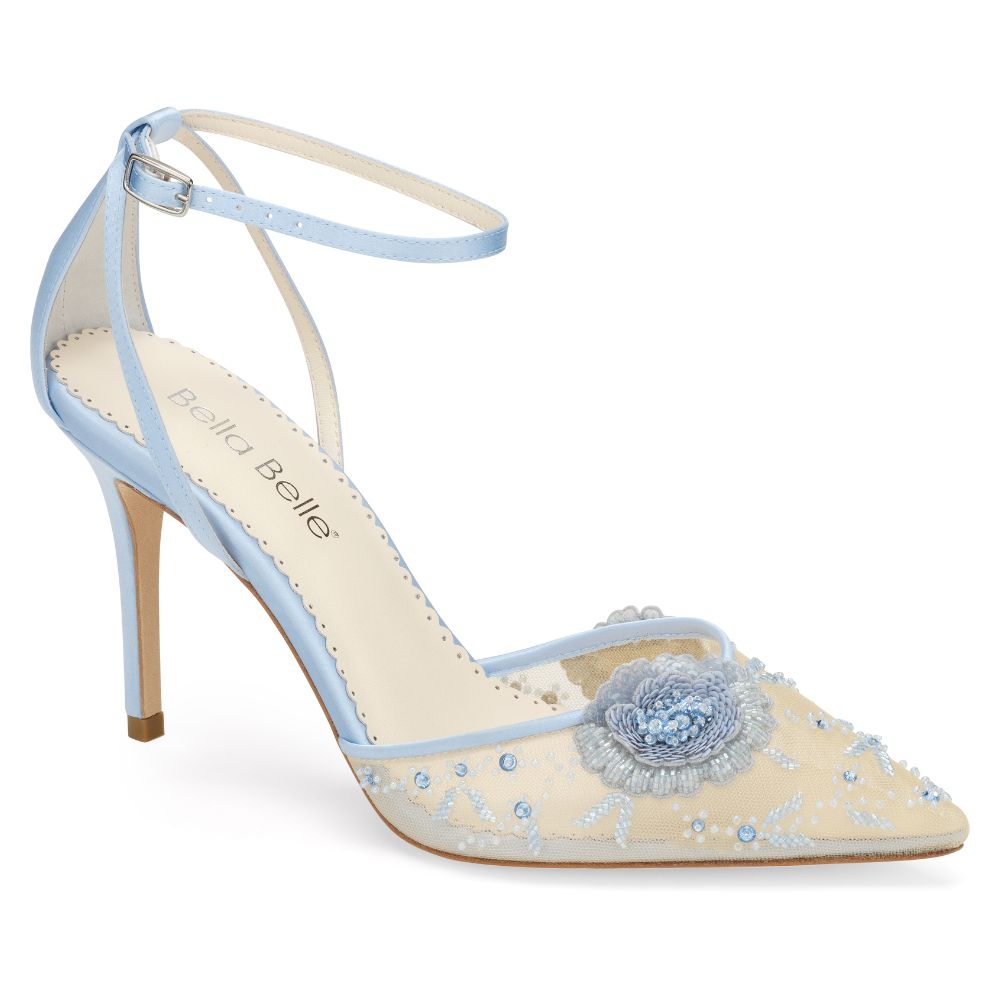 Floral Blue High Heels with Ankle Straps and Crystals