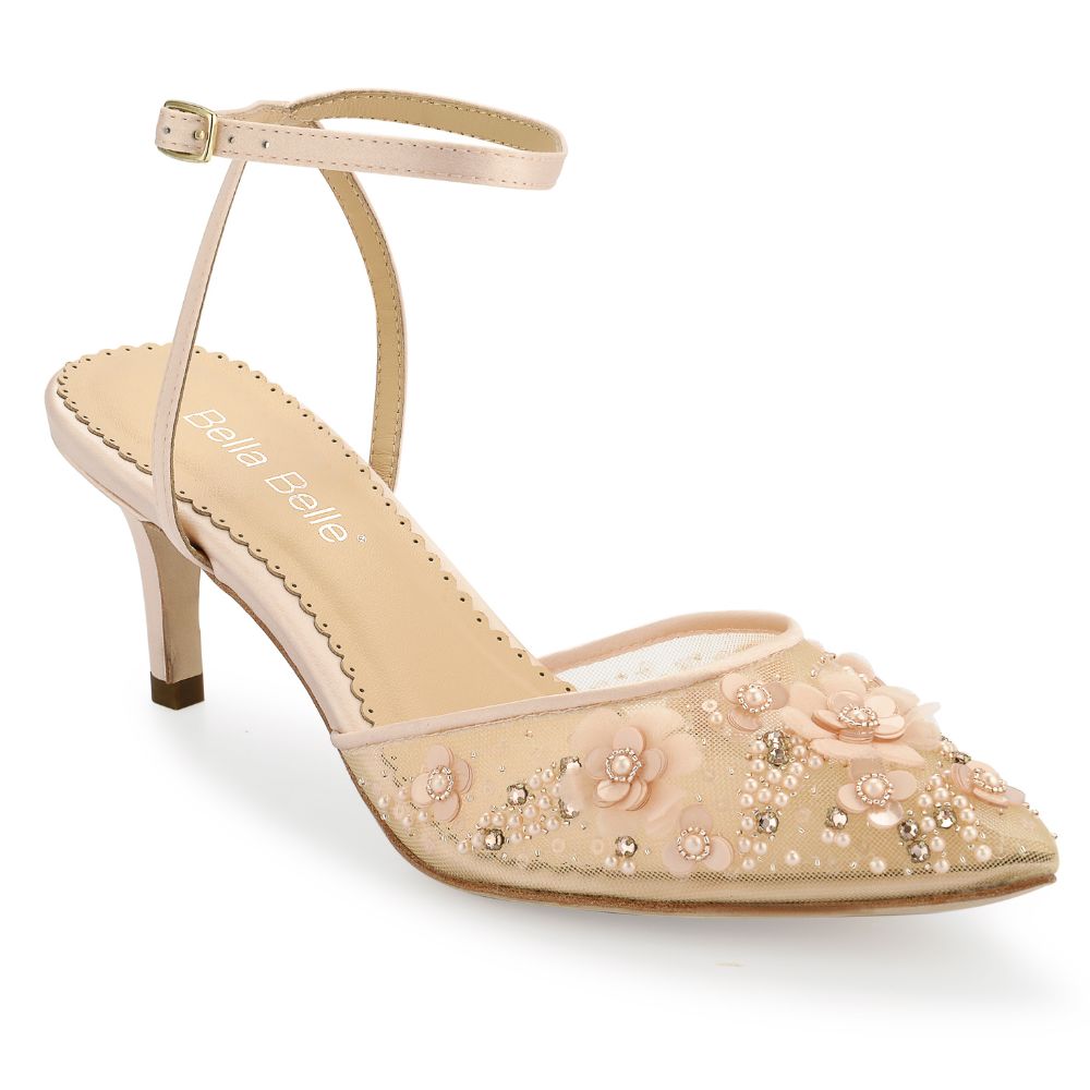 Rosa Pink Wedding Shoes Low Heel With Pearls and Beads