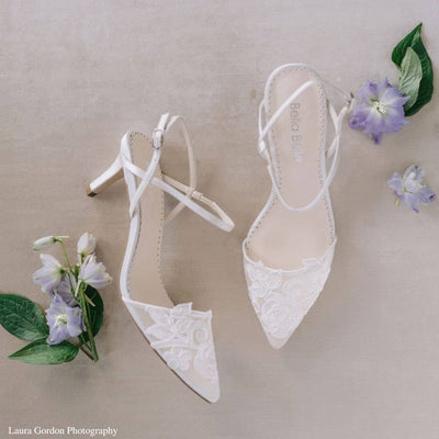 Lace Slingback Kitten Ivory Flower Applique Heels, Serena