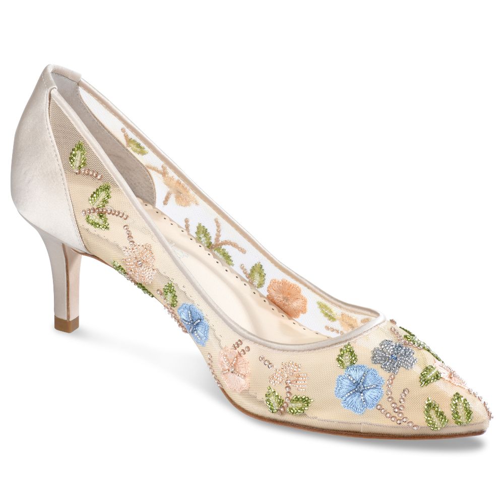 Flower Embellished Embroidered Floral Kitten Heels