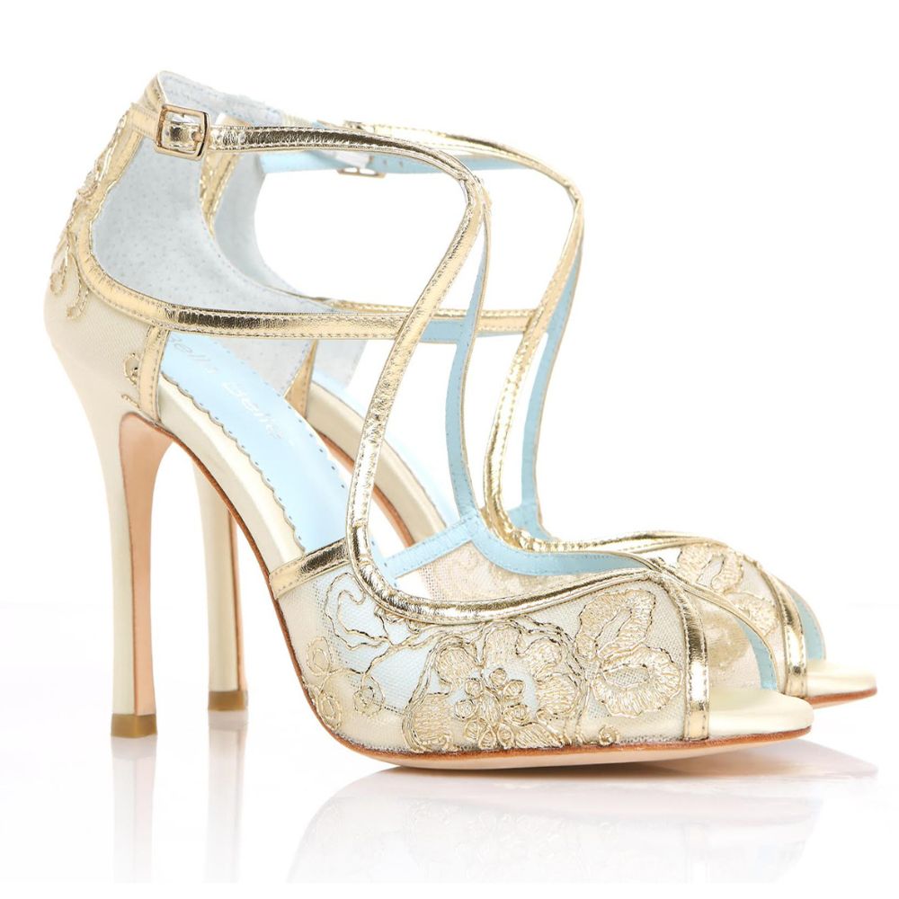 Gold Lace Heels, Blue Sole Shoes, Tess for Bridal or Evening