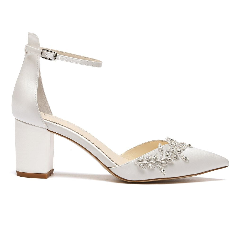 Block Ivory Bridal Shoes with Ankle Strap Crystal Vine Heels
