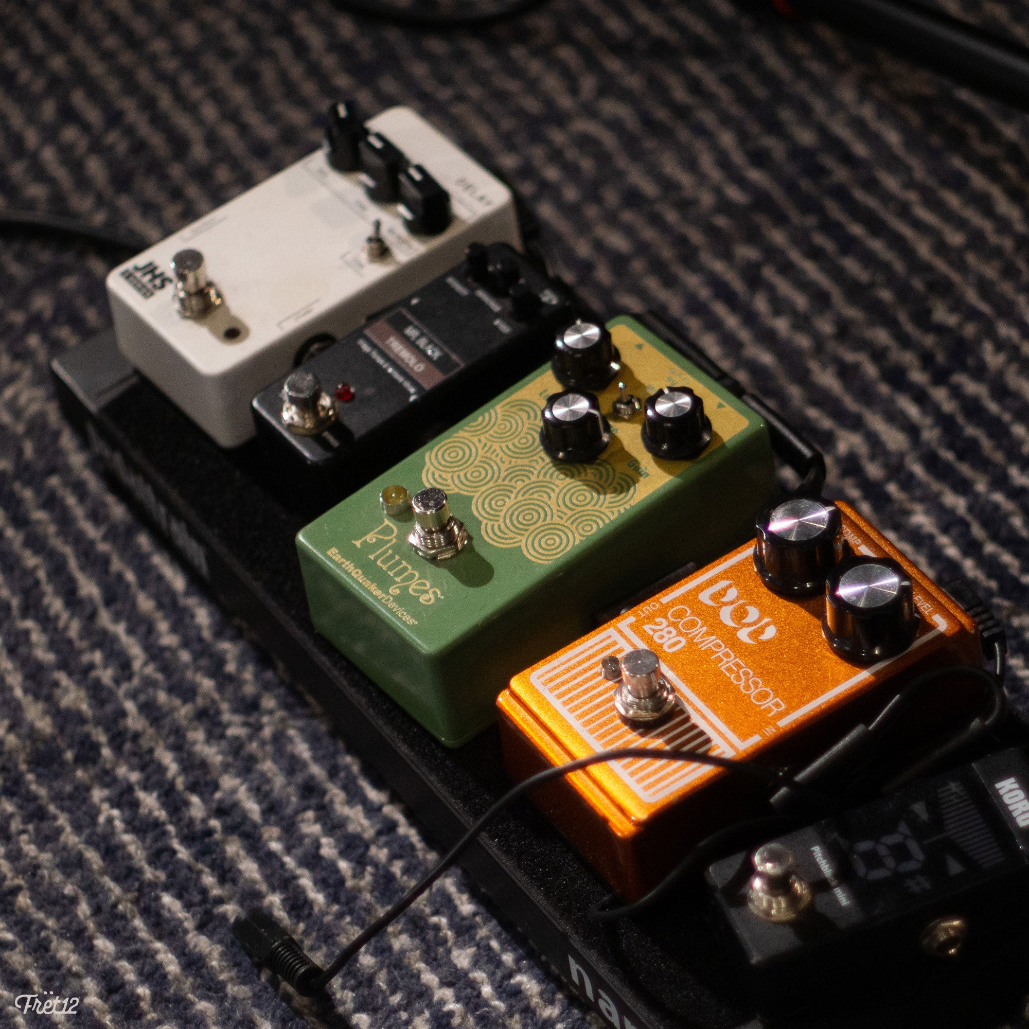 Nathan Graham's pedal board featuring the Plumes pedal by EarthQuaker Devices