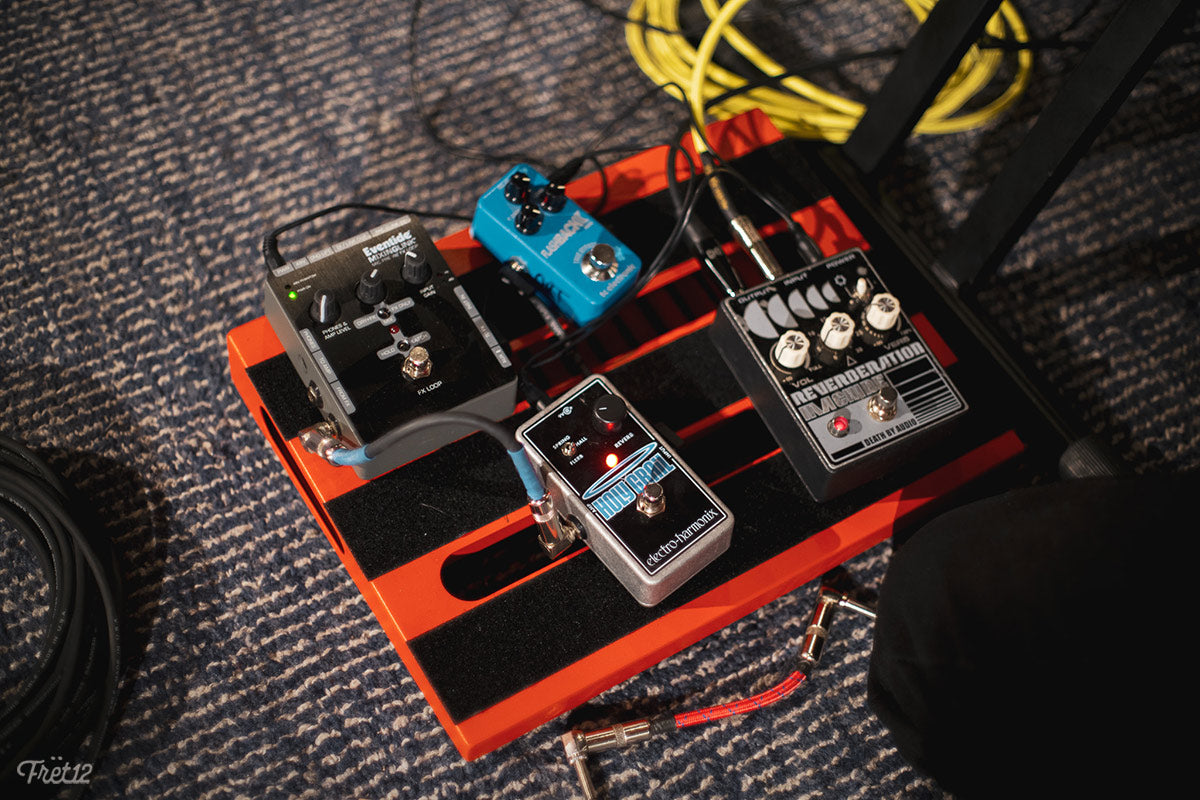 Sophie's pedal board includes a Reverberation Machine from Death By Audio