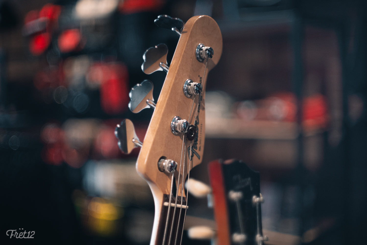 The headstock of Damien Sayell's Fender P bass.