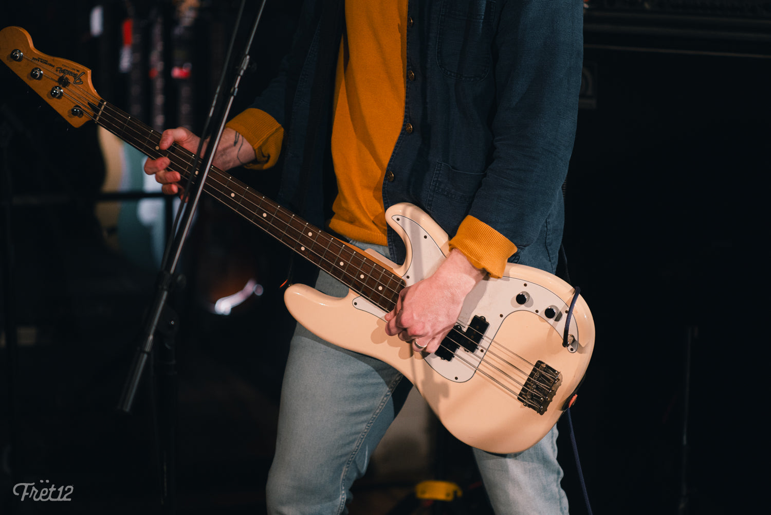 Damien Sayell's upside-down Fender P bass.