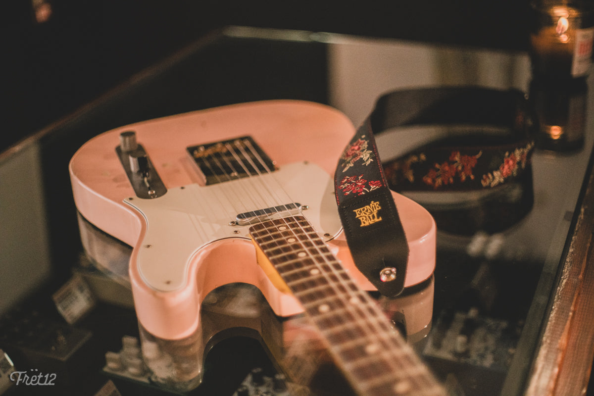 Justin Eisenbraun with his wife's Pink Nashguitars Telecaster.