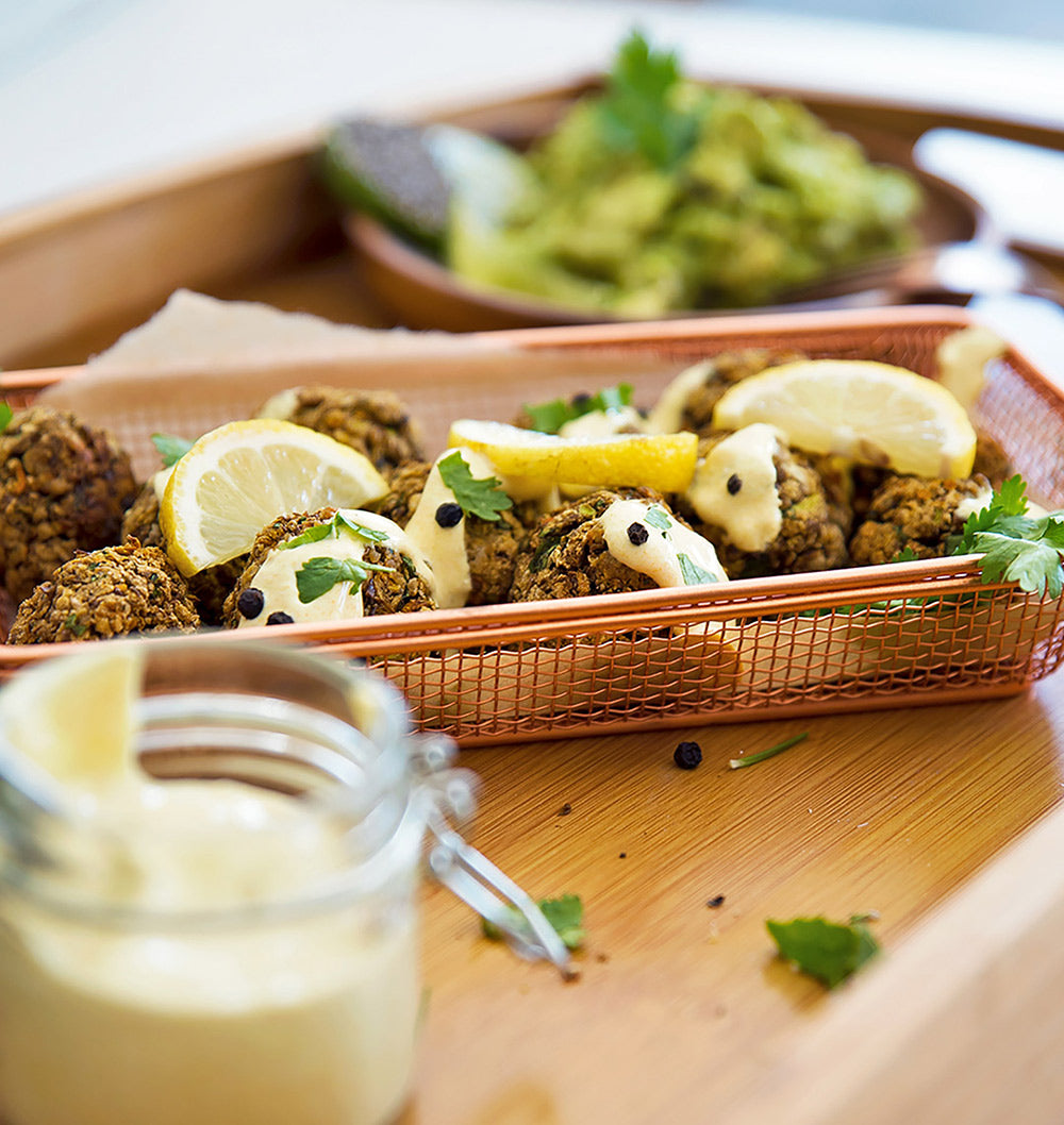 Quinoa flake falafels recipe with turmeric sauce