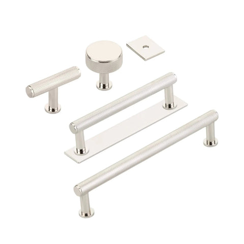 POLISHED NICKEL "MAISON" KNURLED DRAWER PULLS AND CABINET KNOBS WITH OPTIONAL BACKPLATE