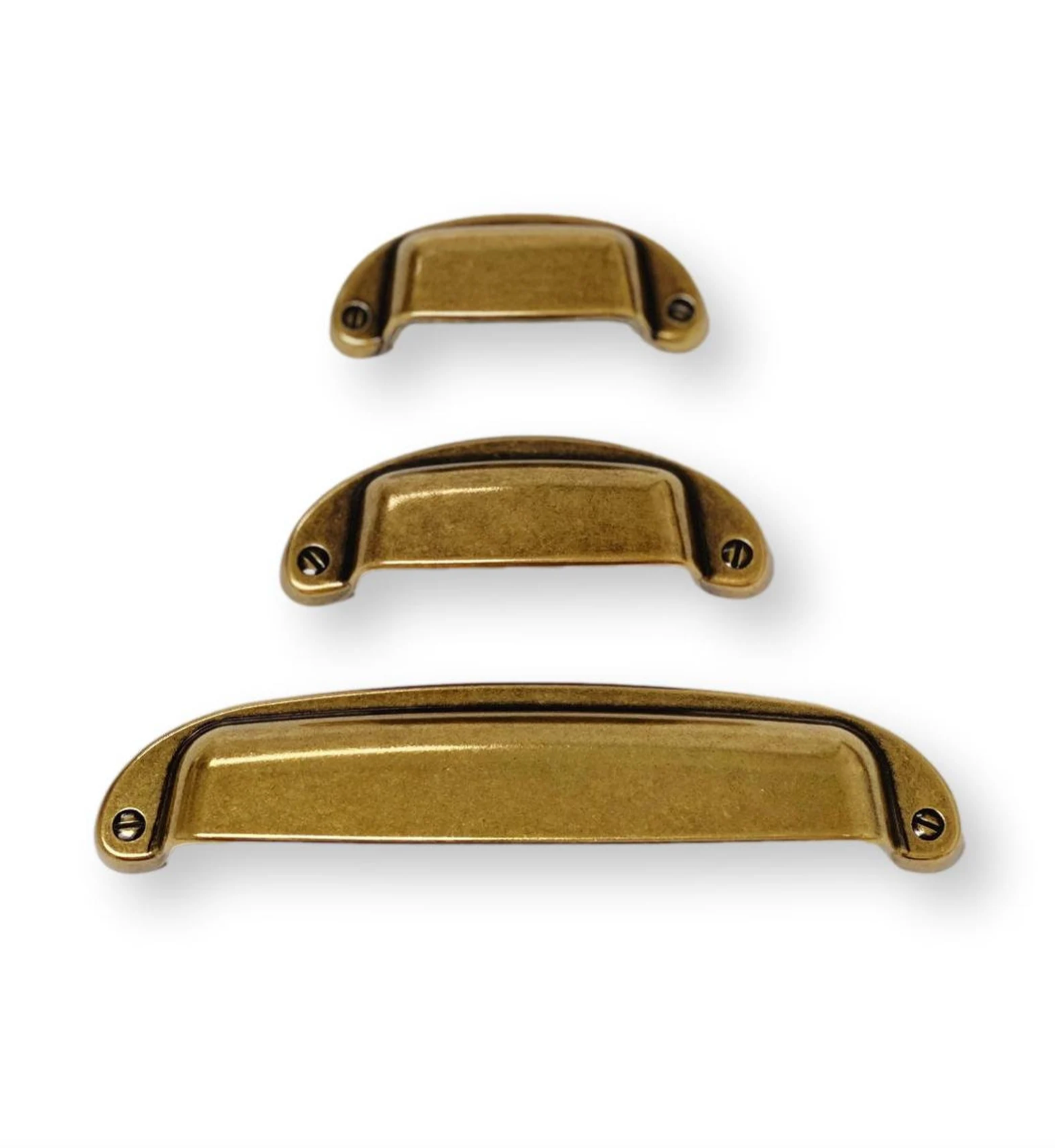 Drawer Cup Pull Capri in Antique Brass - Brass Cabinet Hardware – Forge  Hardware Studio