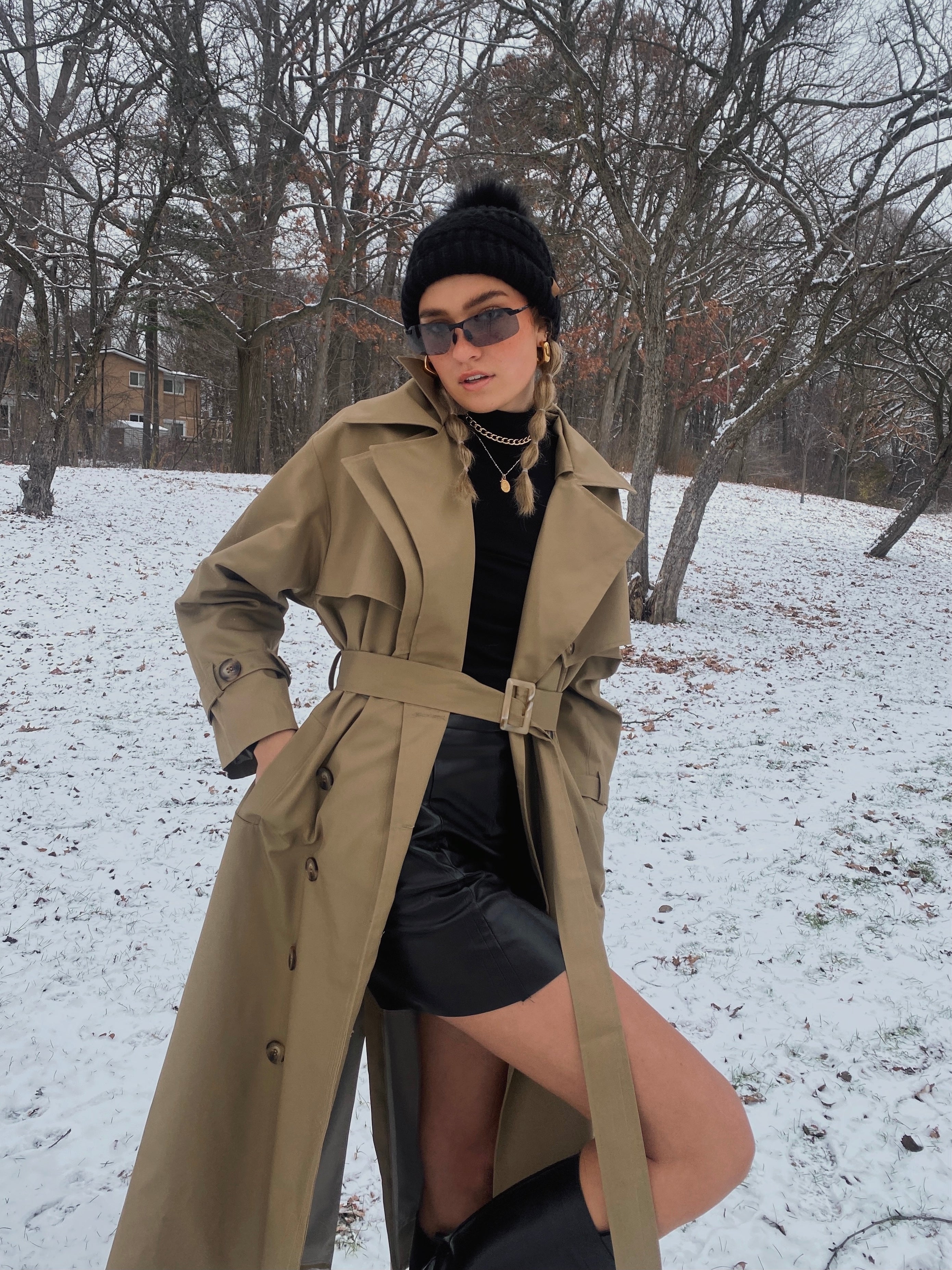 Niki Victoria wearing The Mary Trench Coat by Bastet Noir, custom-made for her