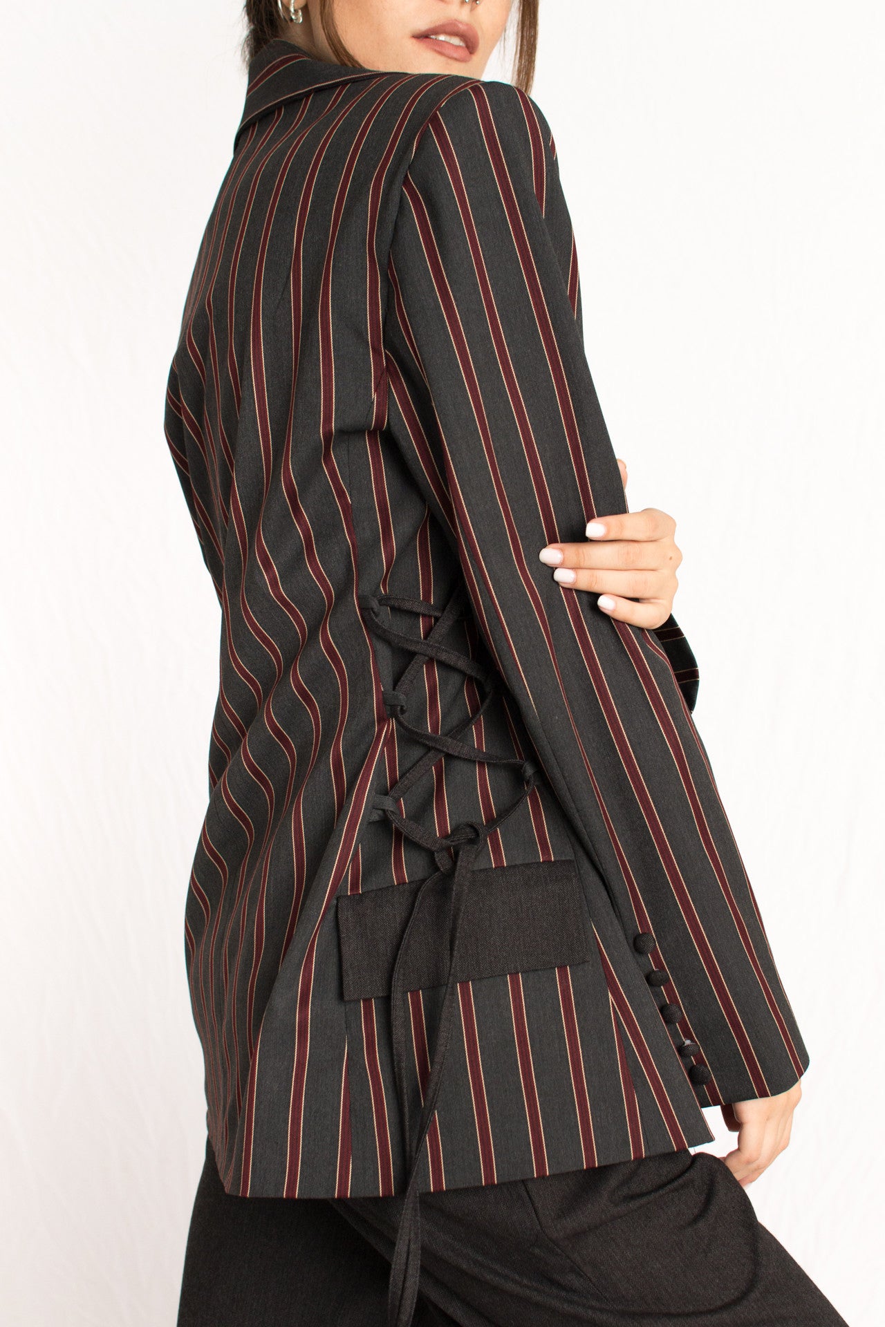 striped grey red blazer three piece suit