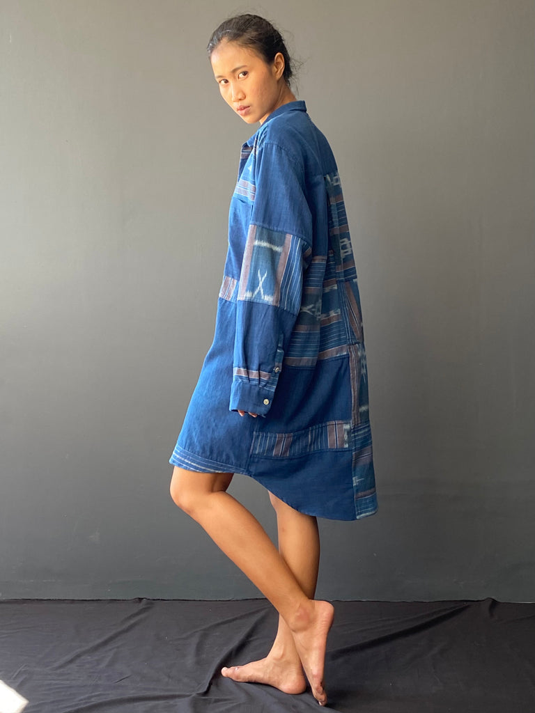 Mikaela Upcycled Patchwork Plant Dyed Cotton Shirtdress | Ikat Blues