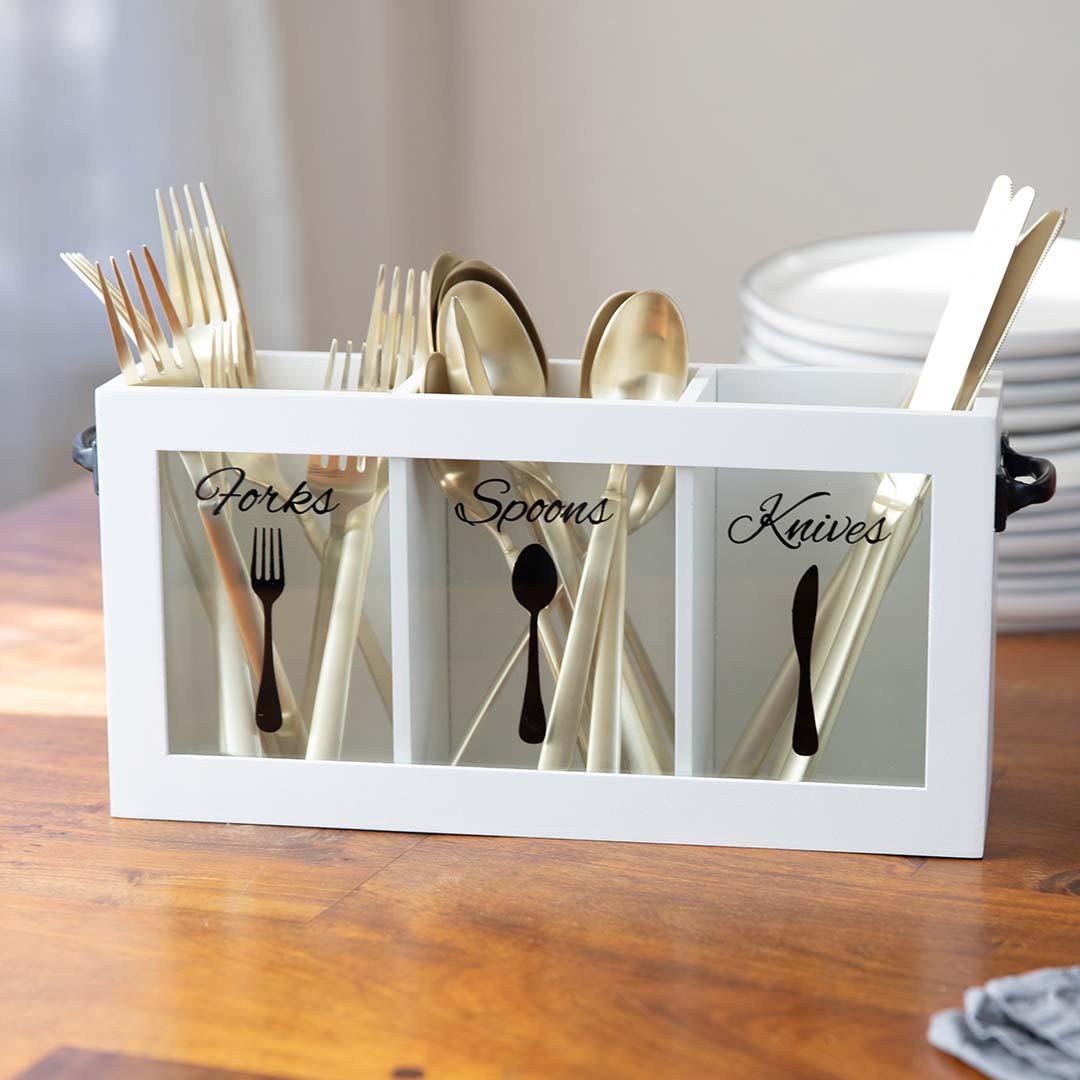 White Wooden Cutlery Caddy with Knife, Fork, and Spoon Pictures | Blu ...