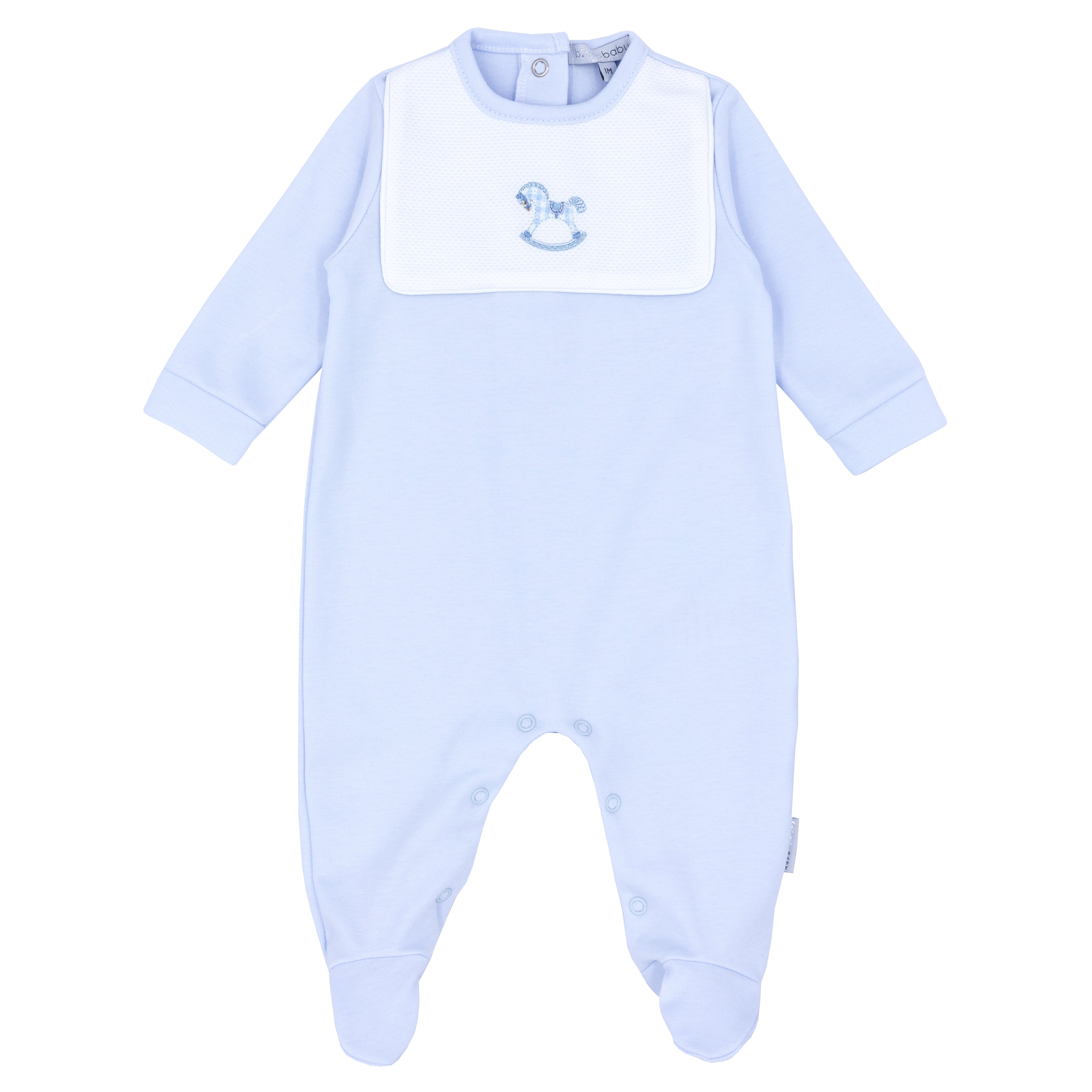 Blue interlock sleeper and bib with rocking horse embroidery
