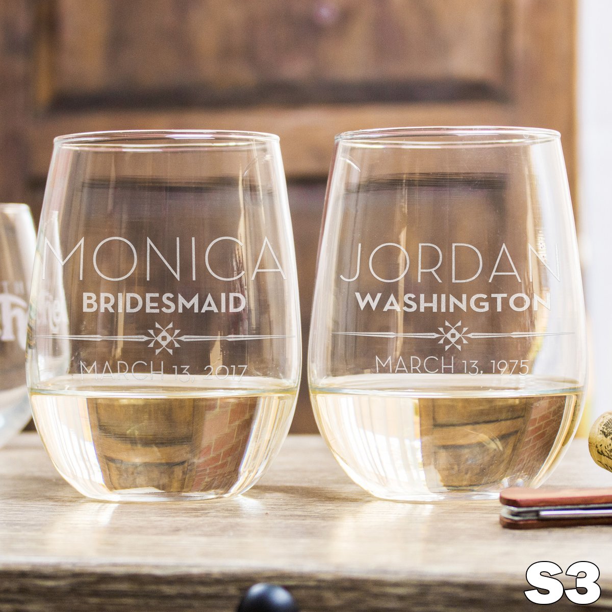 Etched Stemless White Wine Glasses Personalized Design S3