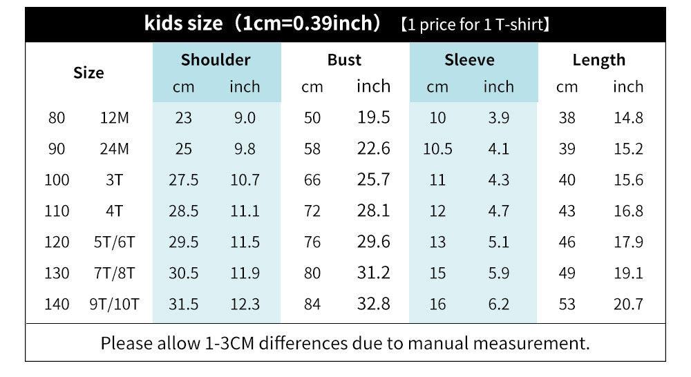 Matching Daddy & Me T-shirt Size Chart