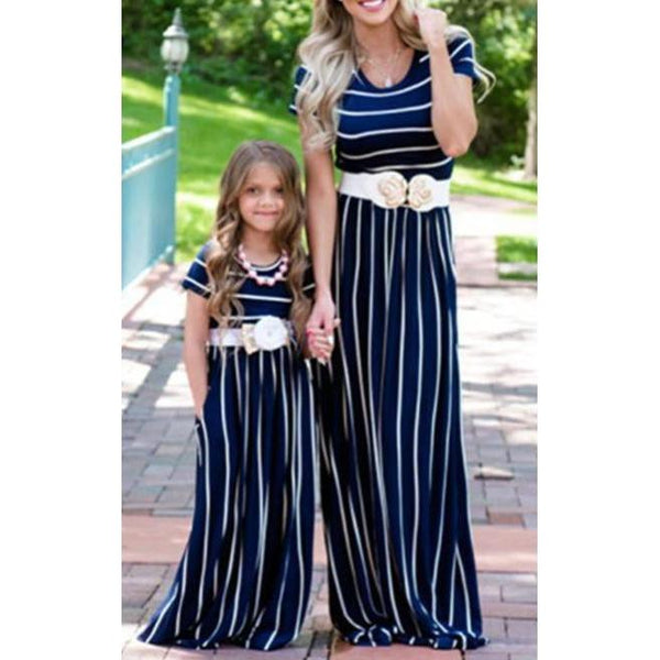 Mother And Daughter Short Sleeve Striped Maxi Dress