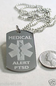 MEDICAL ALERT PTSD  SILVER  STAINLESS STEEL  DOG TAG NECKLACE FREE  ENGRAVING - Samstagsandmore