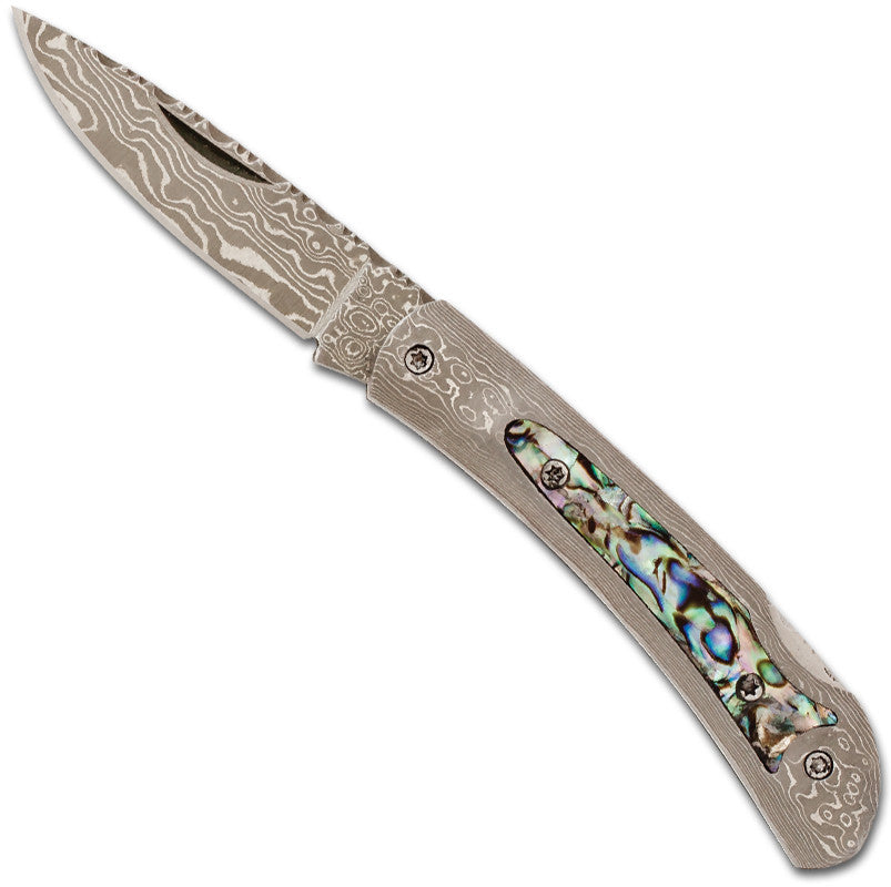 Damascus Steel Frame Pocket Knife With Abalone Inlay Santa Fe Stoneworks