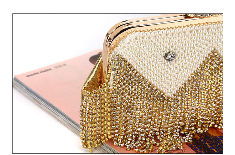 Luxy Moon Gold Tassel Rhinestone Clutch Bag Front View