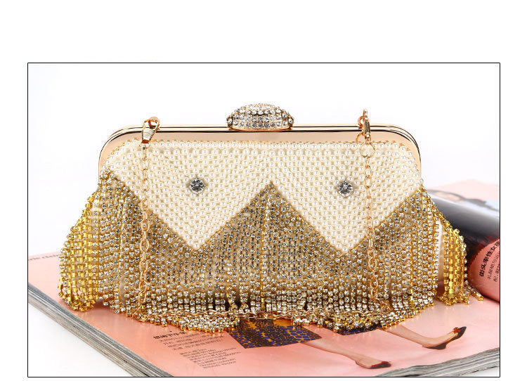 Luxy Moon Gold Tassel Rhinestone Clutch Bag Front View