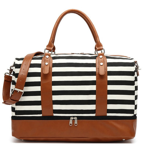 Stripe Duffle Bag - Back and Bottom Pocket, Leather Trim – Luxy Moon