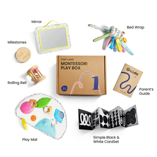 The Tiny Land® Montessori Toys - Various Stages by Tiny Land Official Store includes a mirror, bed wrap, rolling bell, play mat, milestone marker, parent guide, and black & white cards—ideal for sensory and motor skill play around a central Montessori Learning Box.