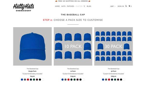 How to order custom embroidered hats - The simple guide - Blog post - Step 2 - Choose a pack size