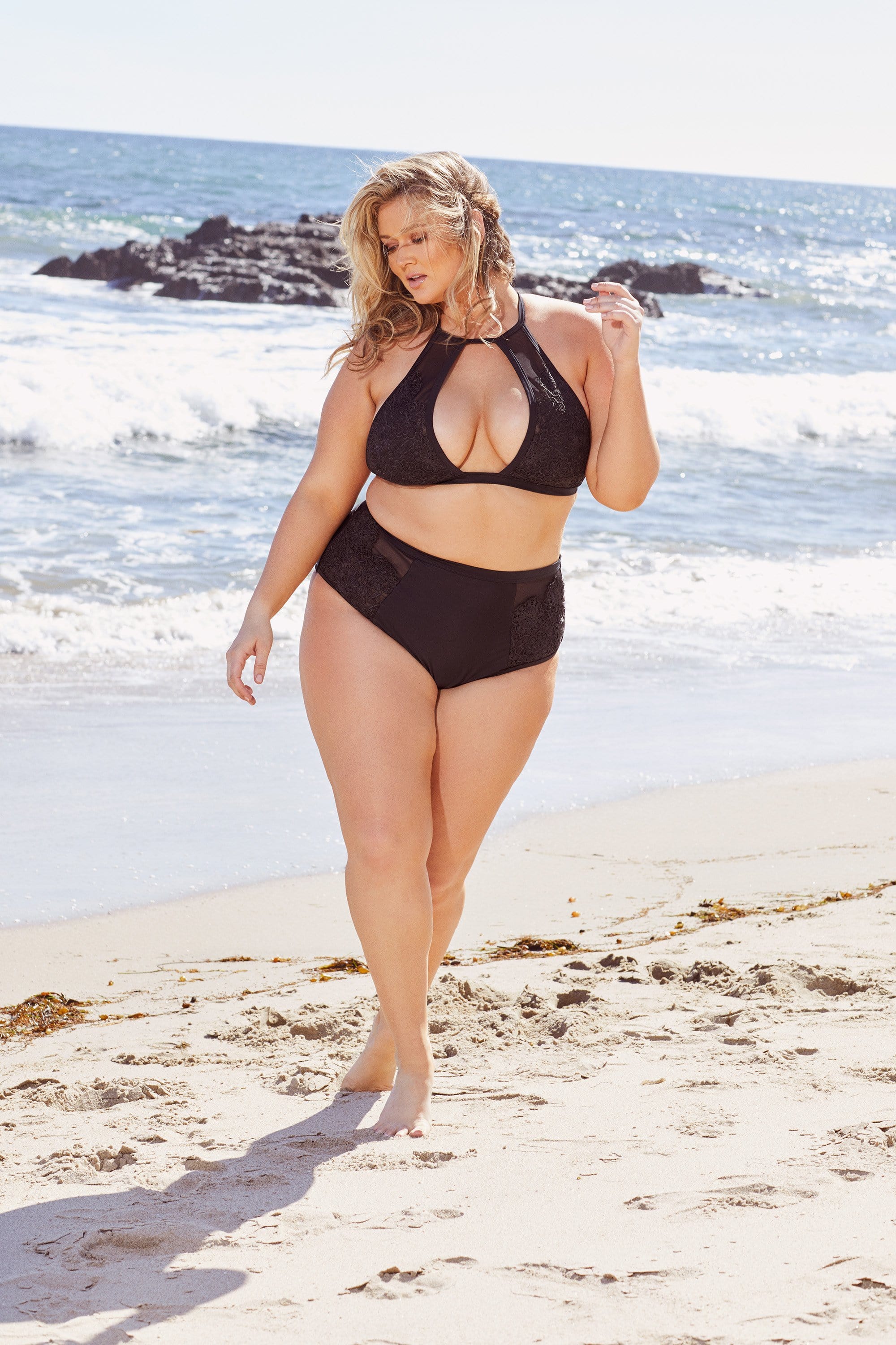 Hunter Mcgrady Plus Size Curve Black High Neck Lace Panel Bikini Top Playful Promises Usa