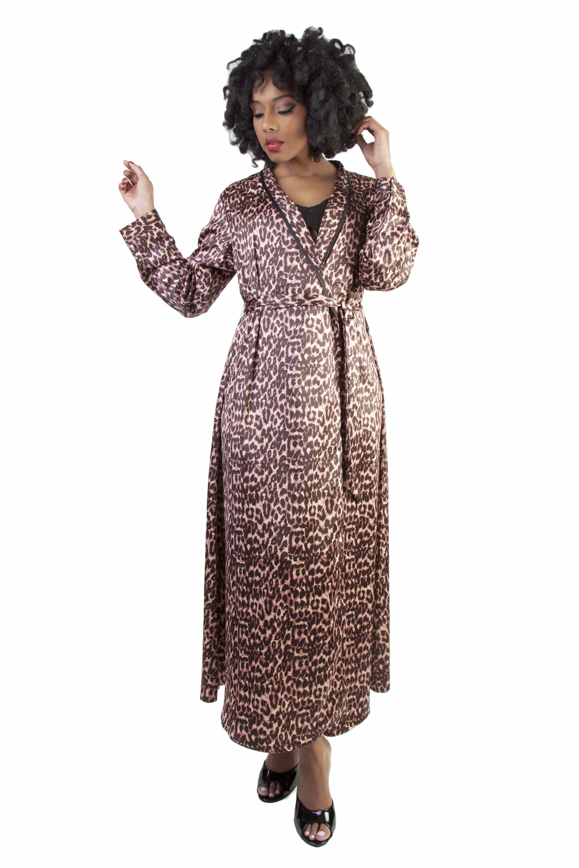 Bettie Page Leopard Print Satin Robe - Playful Promises USA