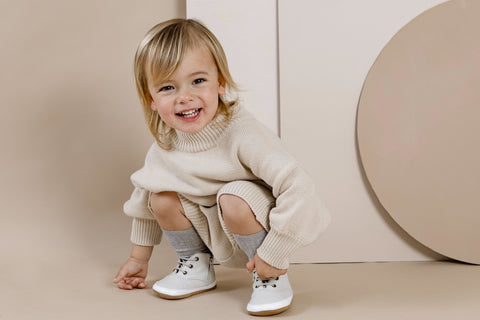 Charlie Boo Baby Leather Soft Soled Boots for toddlers taking their first steps and falling down - to make sure their shoes are the correct size for their little feet and development