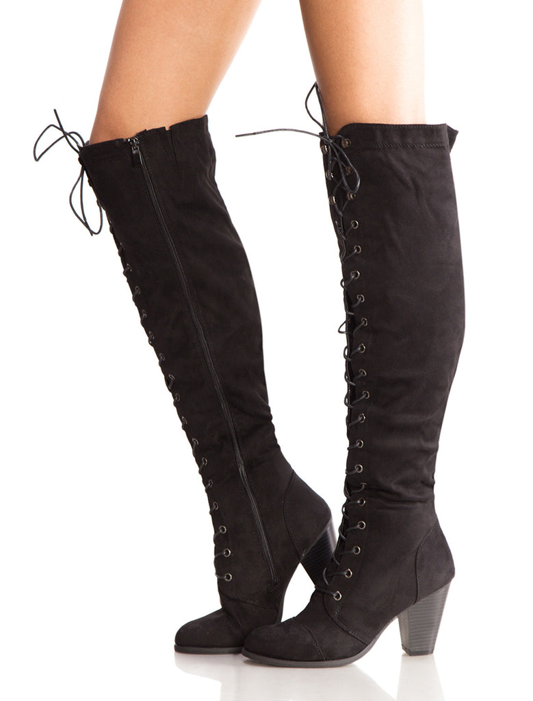 knee high black suede boots low heel