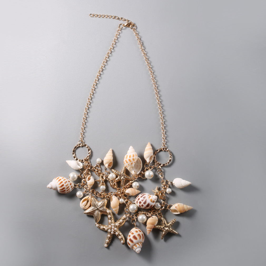 Sweet Chunky Gold Tone Sea Shell Star fish Faux Pearl Necklace