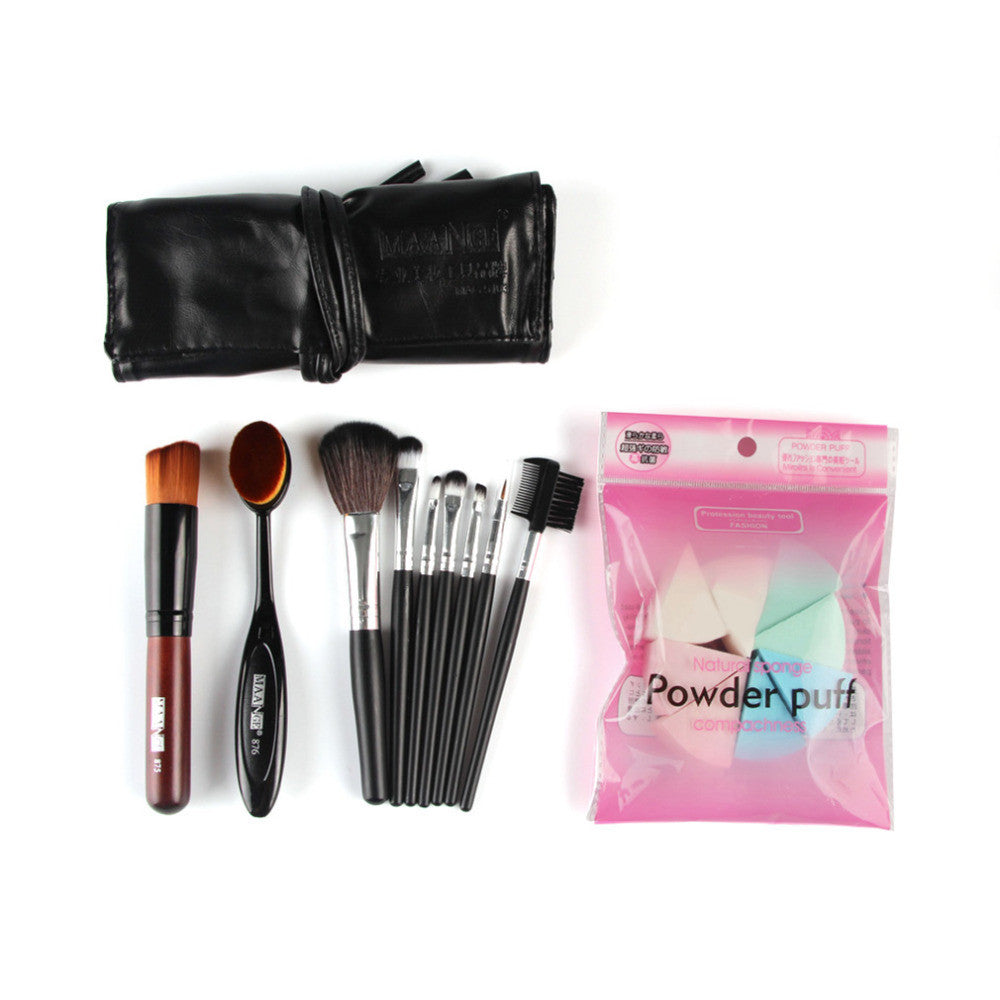 9pcs Makeup Brush Set With Brush Bag and 8pcs Powder Puff