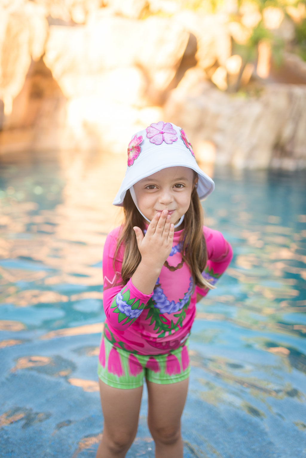 7 year old girl wearing uv protective swimwear