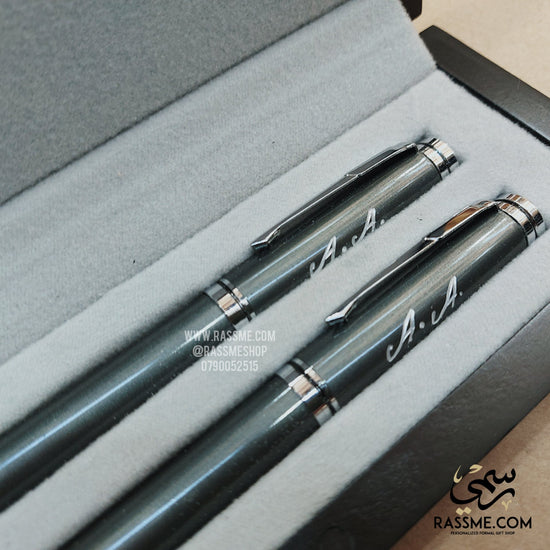 Monogrammed Satin Silver Double Pen Set in Black Wooden Box